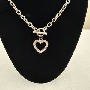 Silver Tone Heart Pendant Necklace 18 Inch Toggle Clasp Rhinestone Accent